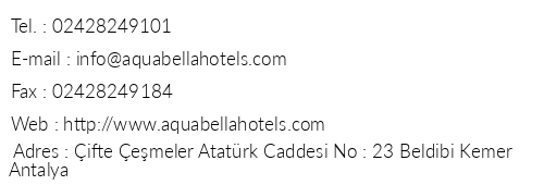 Aqua Bella Beach Hotel telefon numaralar, faks, e-mail, posta adresi ve iletiim bilgileri